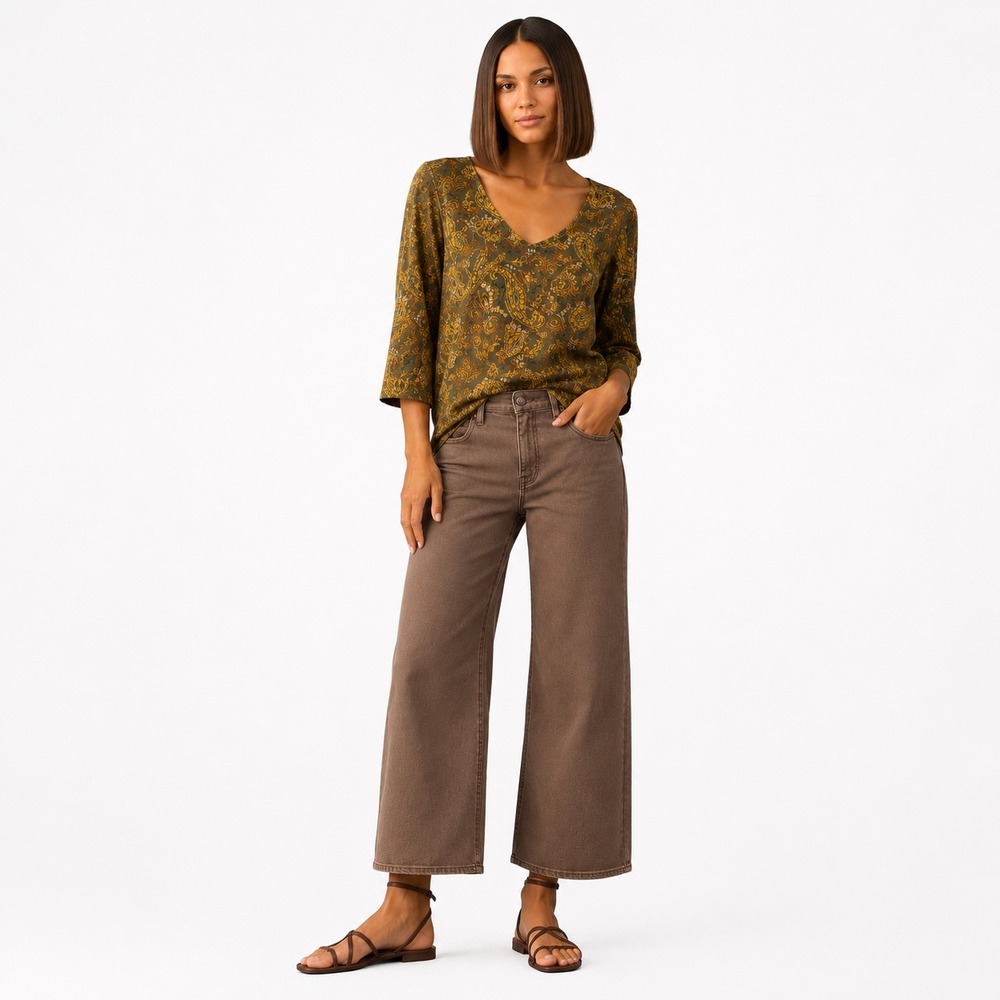 Pure Jill Women Olive Green Paisley Organic Cotton Slub V-Neck 3/4 Sleeve Tee L